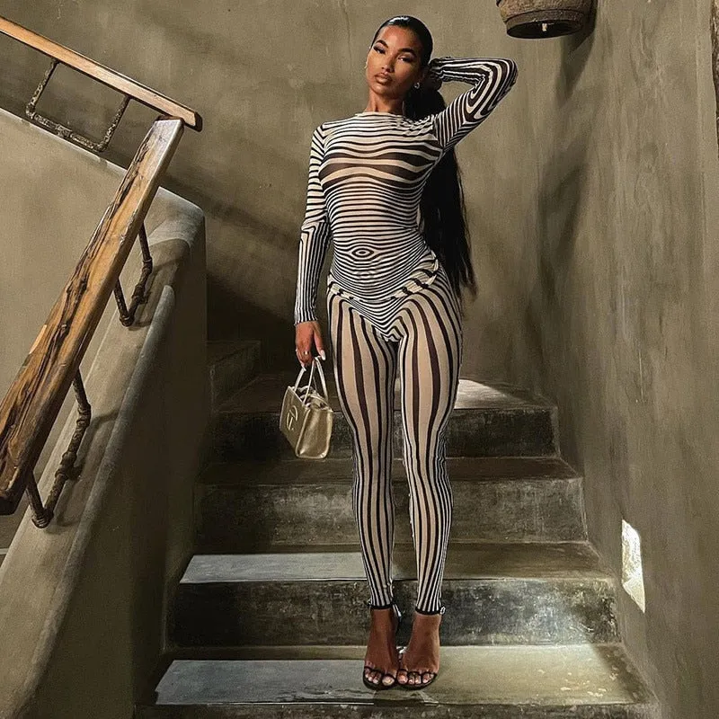 BerryBetty - Autumn Mesh Zebra Striped Sets Women 2 Piece Suit T-shirt   Long Pants See-through Sexy Co-ord Set Female Tracksuit Costume