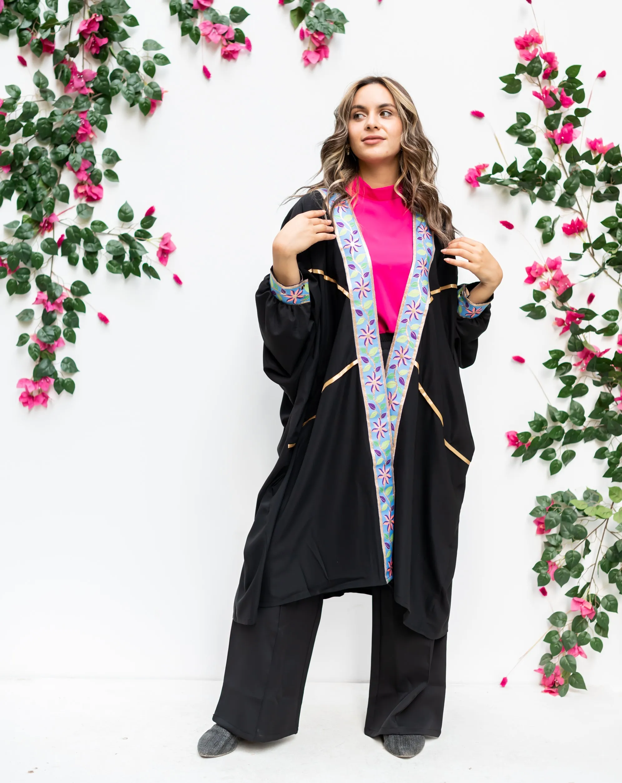 Black open poncho with Indian tape