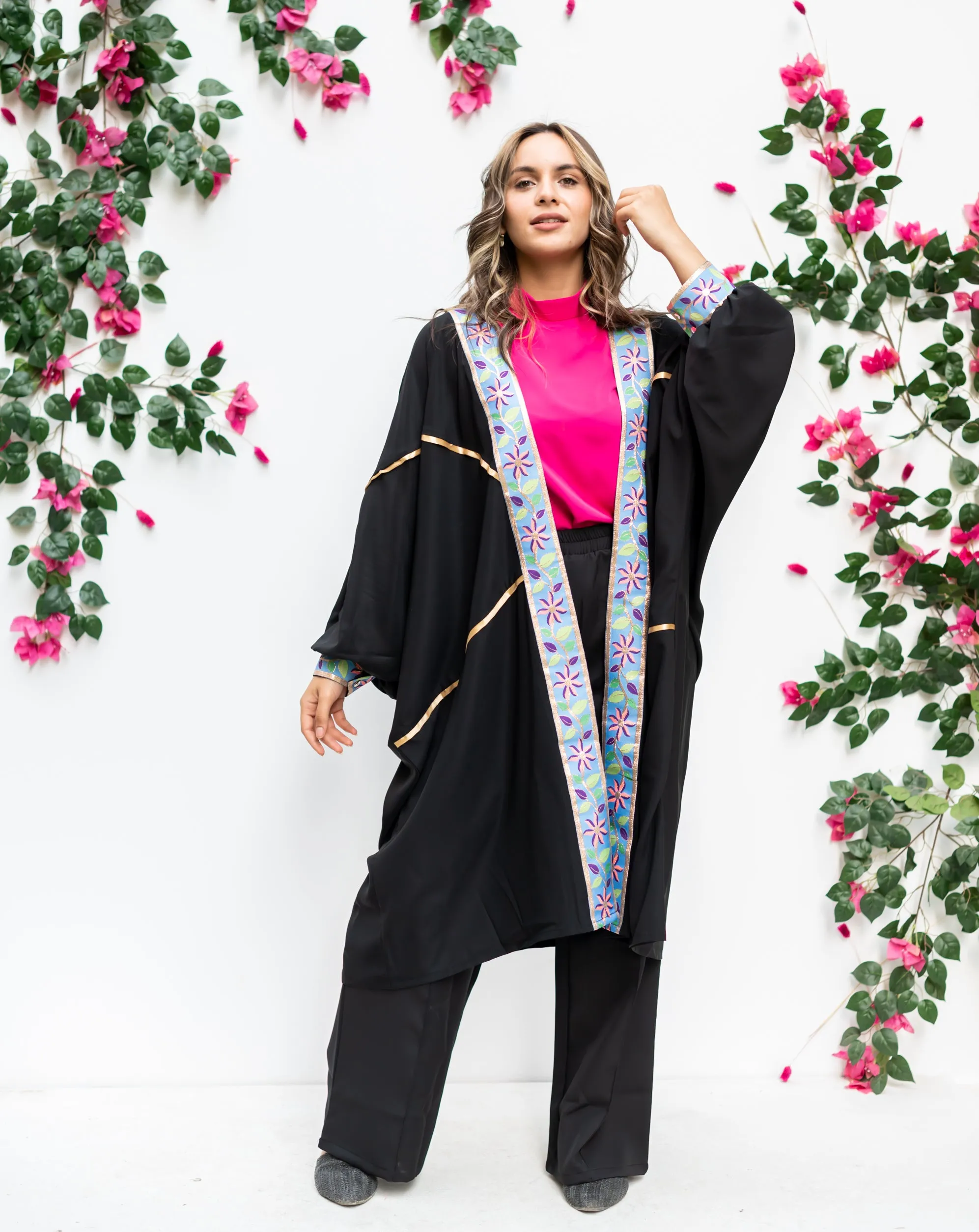 Black open poncho with Indian tape