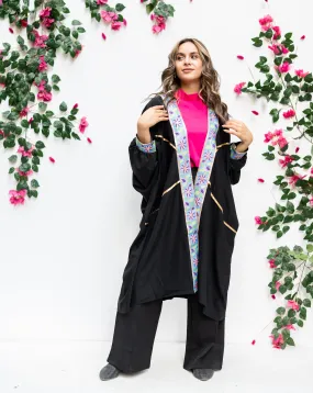 Black open poncho with Indian tape