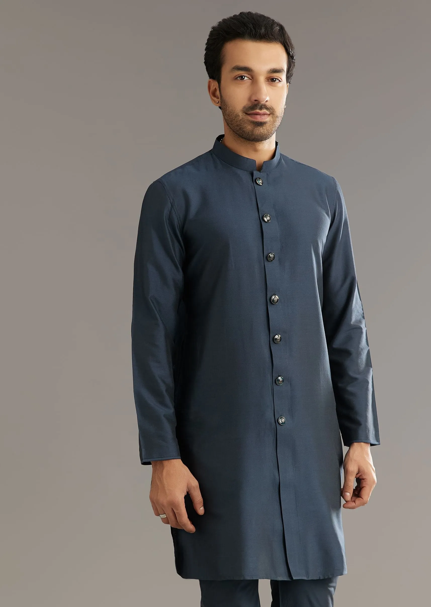 Blue Kurta Set With Thread Embroidered Jacket
