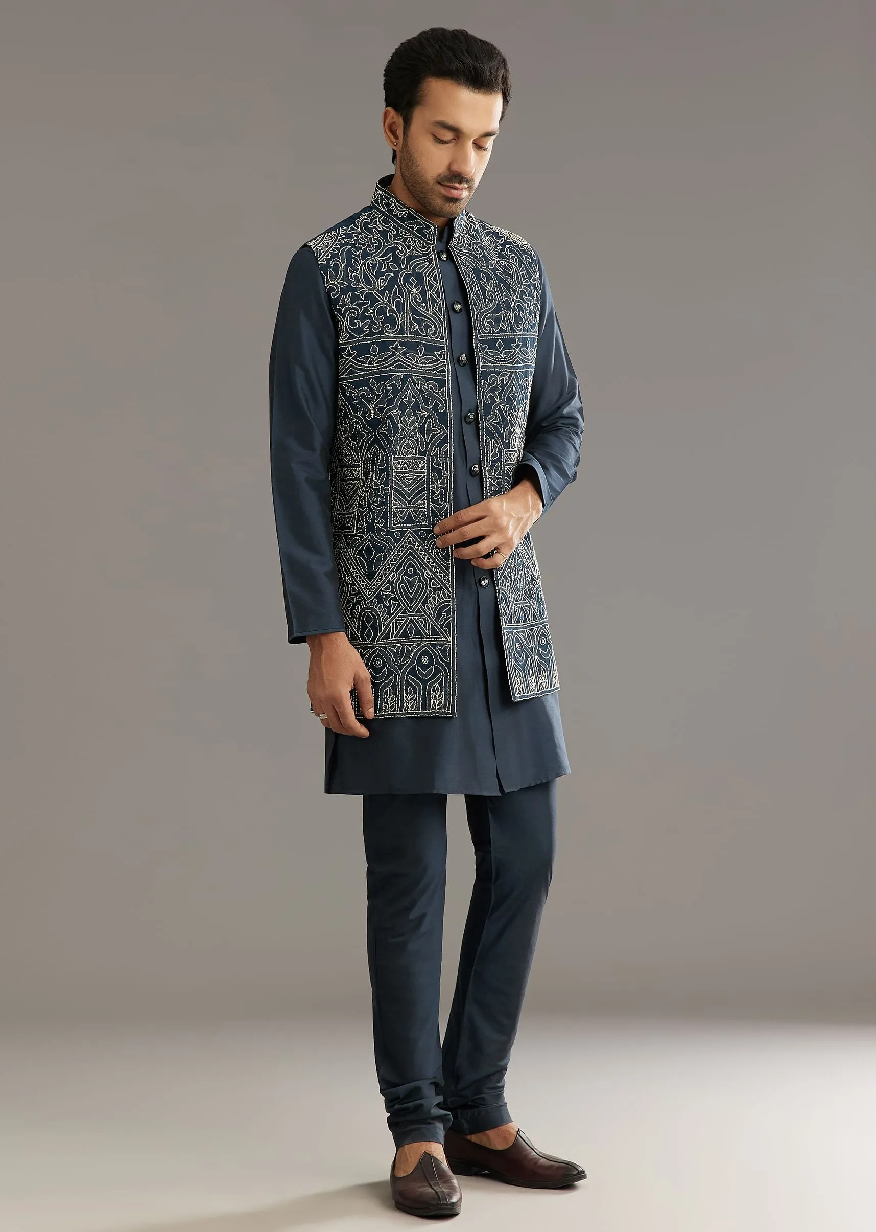 Blue Kurta Set With Thread Embroidered Jacket