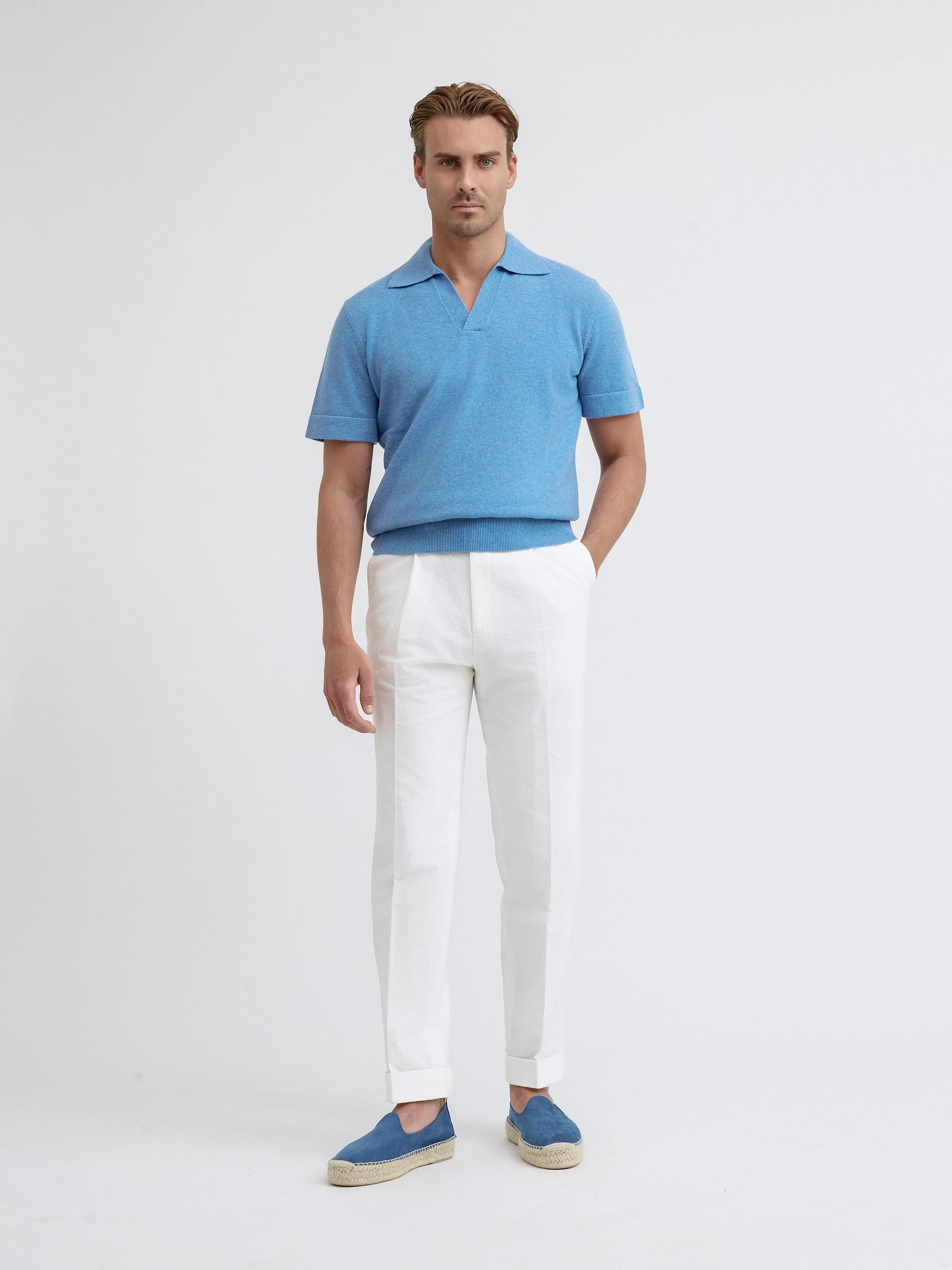 Blue Merino Wool Cashmere Polo