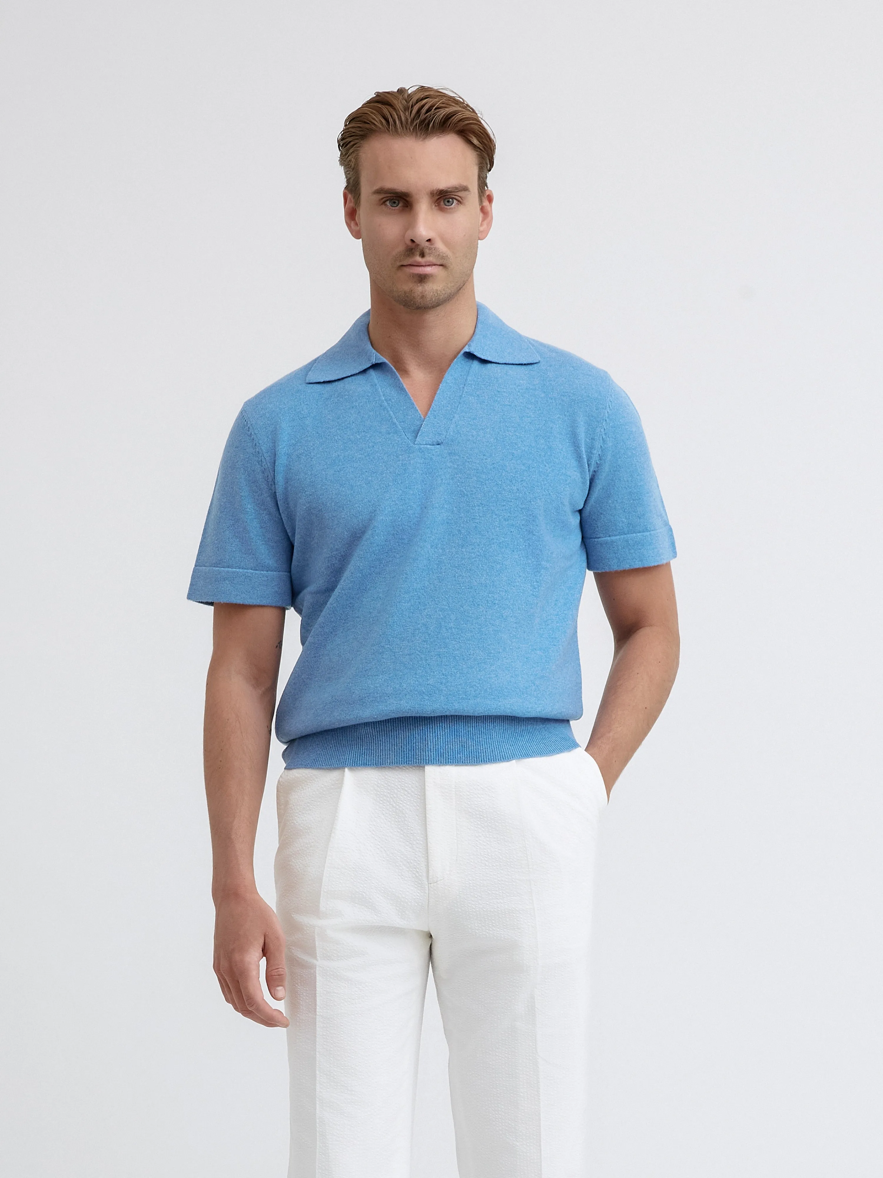 Blue Merino Wool Cashmere Polo