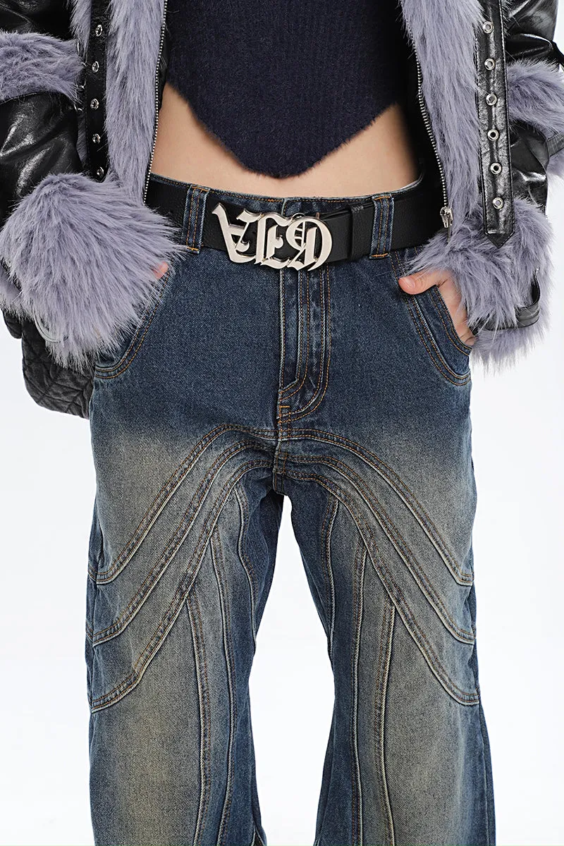 Braelyn Washed Denim Blue Patchwork Jeans Pants