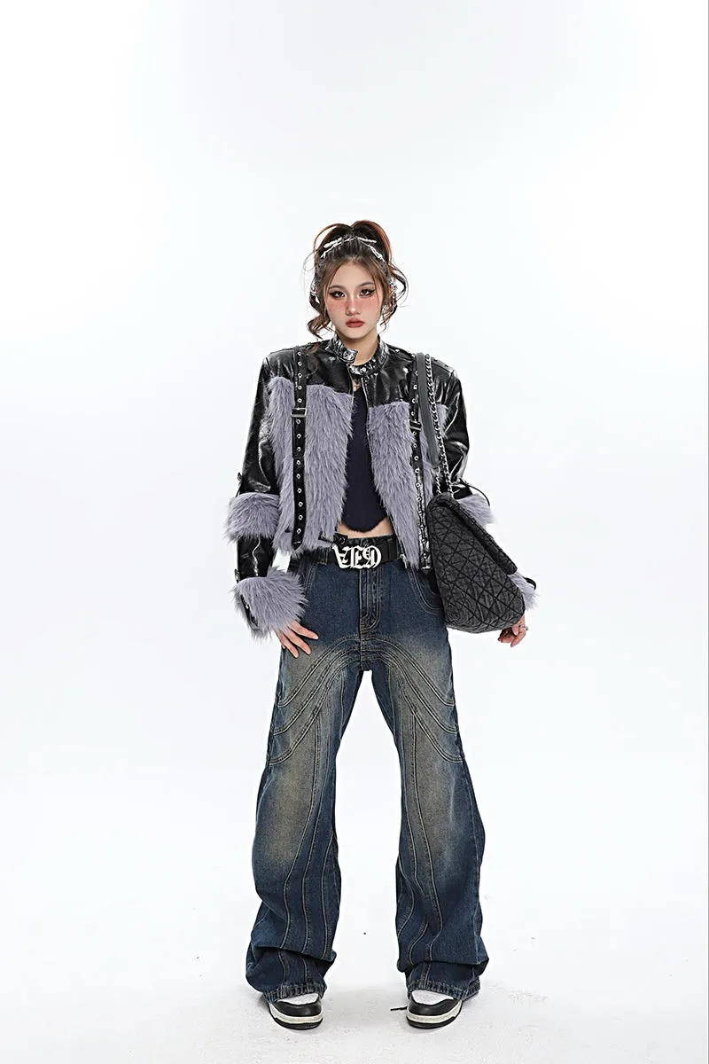 Braelyn Washed Denim Blue Patchwork Jeans Pants