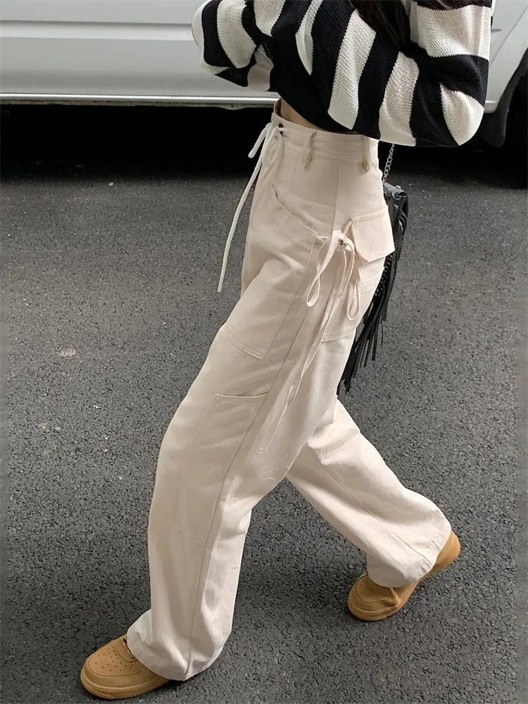 Casual Lace Up Cargo White Streetwear Drawstring Hip Hop Spring Pants