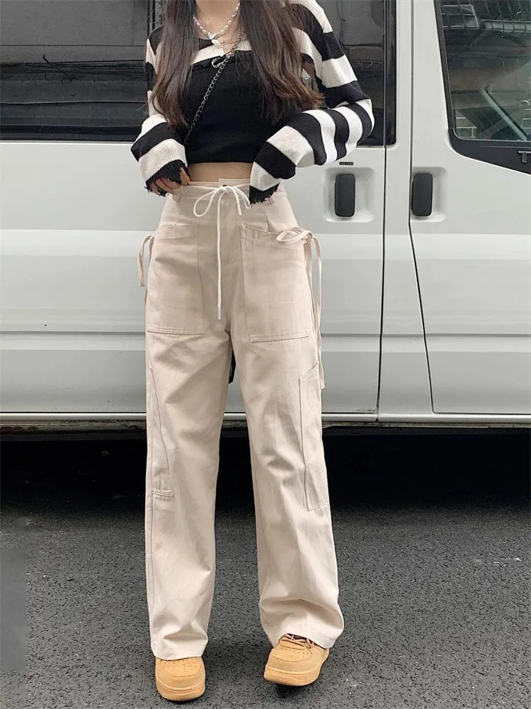Casual Lace Up Cargo White Streetwear Drawstring Hip Hop Spring Pants