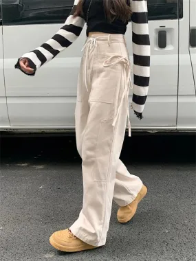 Casual Lace Up Cargo White Streetwear Drawstring Hip Hop Spring Pants
