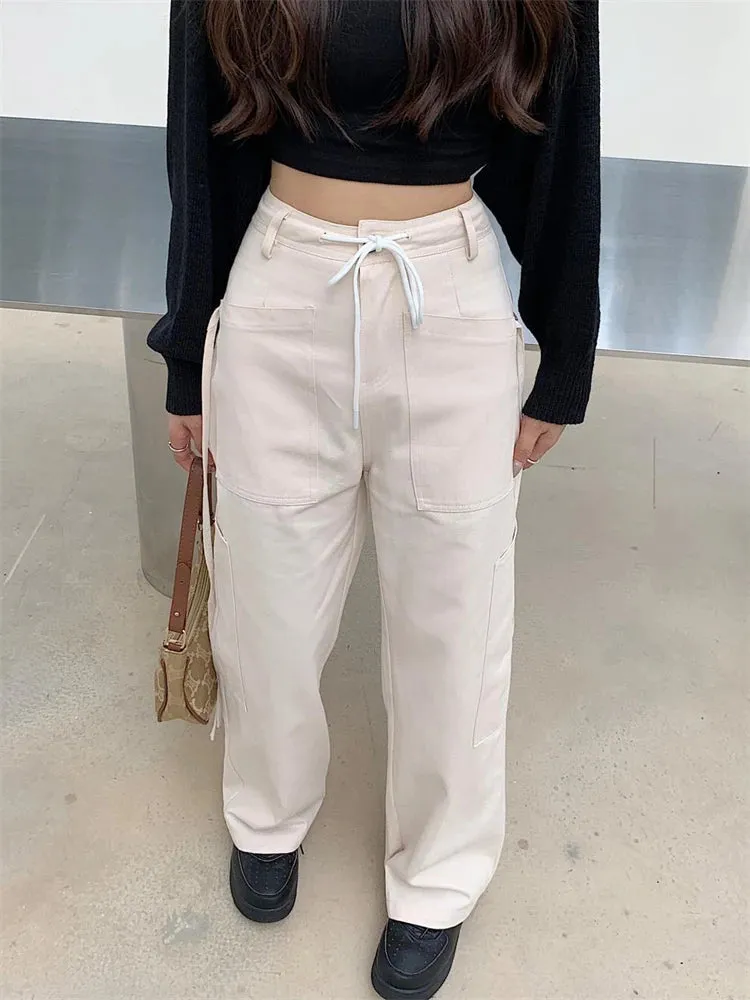 Casual Lace Up Cargo White Streetwear Drawstring Hip Hop Spring Pants