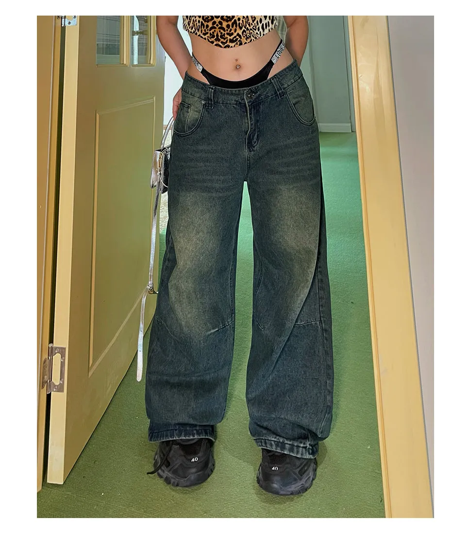 Cedrika Plus Size Denim Blue Washed High Waist Loose Baggy Straight Leg Jeans Pants