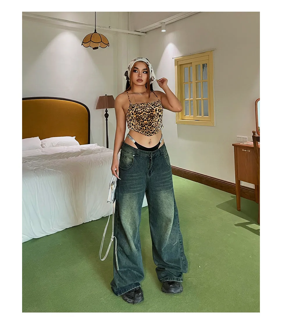 Cedrika Plus Size Denim Blue Washed High Waist Loose Baggy Straight Leg Jeans Pants