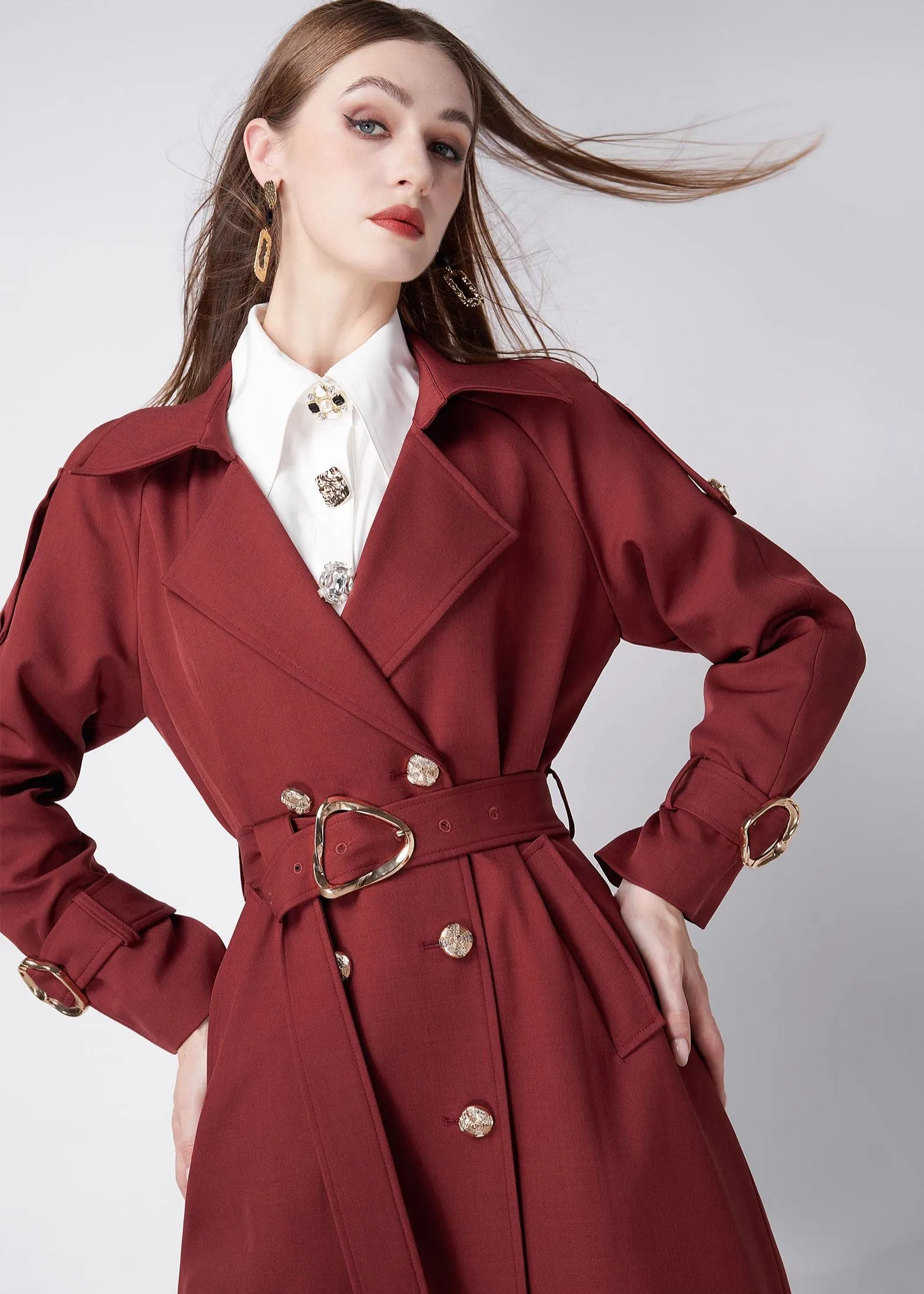 Claret Epaulette Belted Double Breasted Trench Coat
