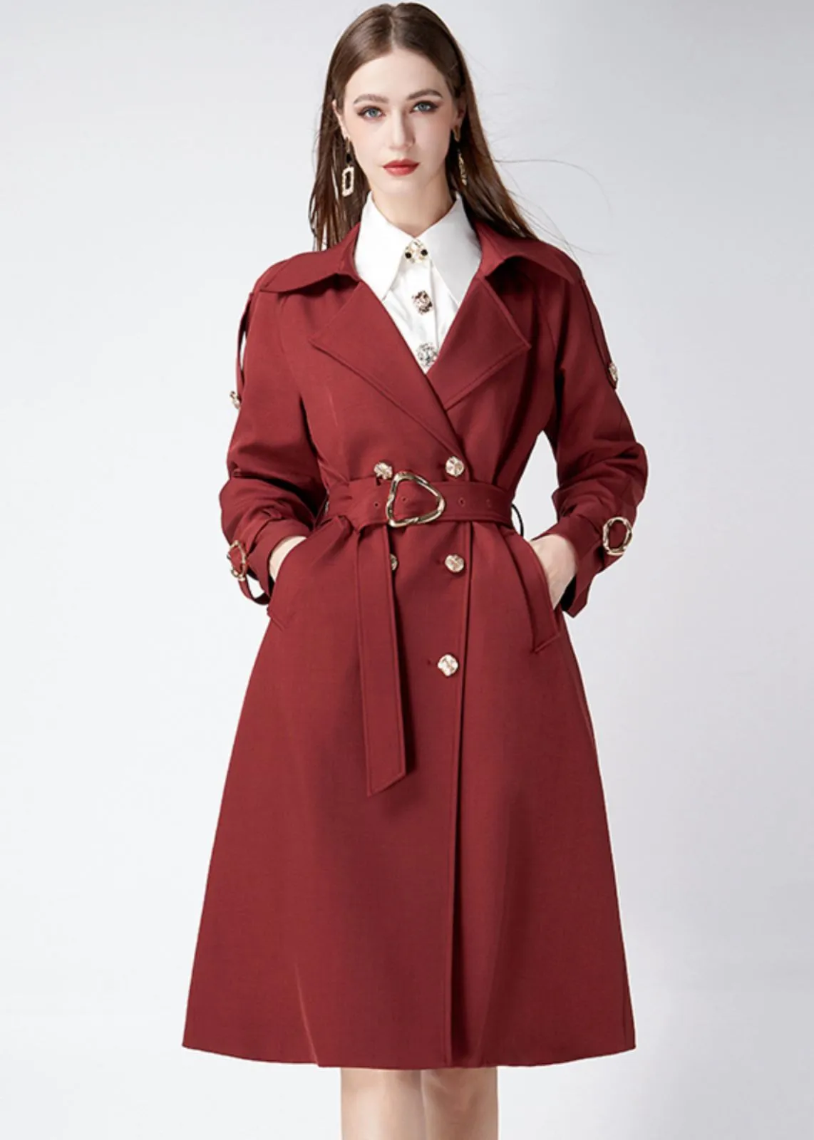 Claret Epaulette Belted Double Breasted Trench Coat