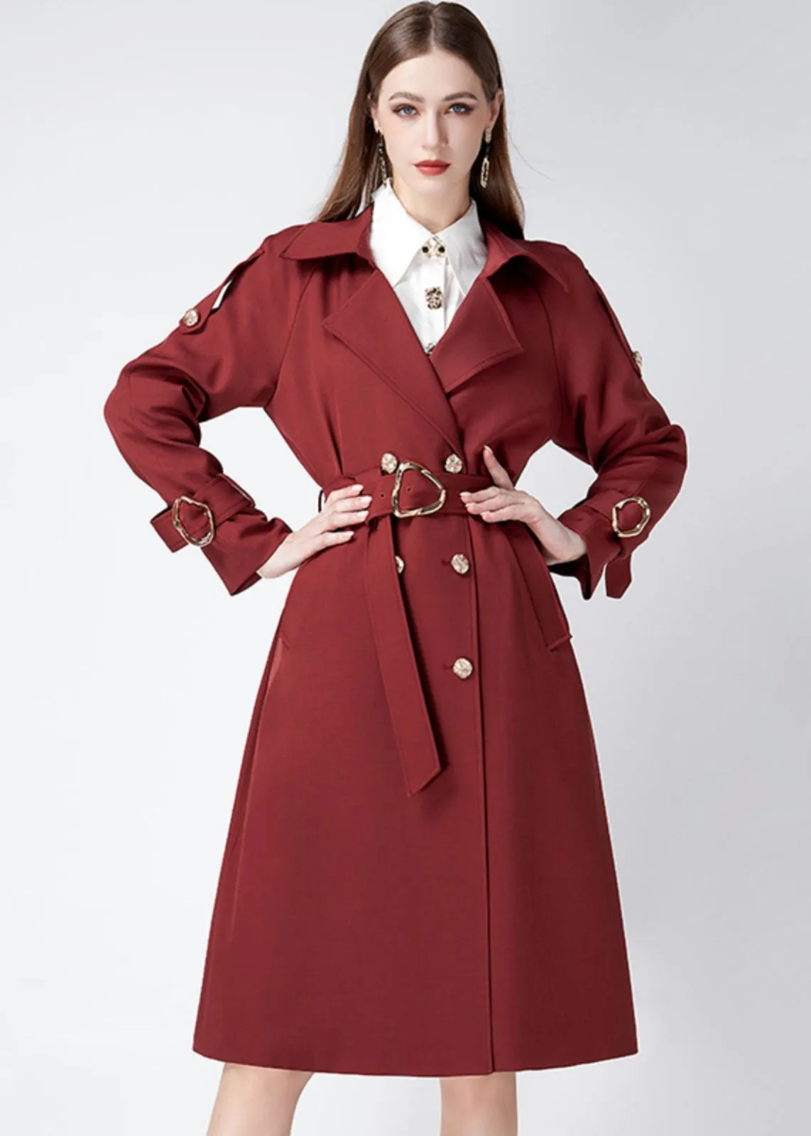Claret Epaulette Belted Double Breasted Trench Coat
