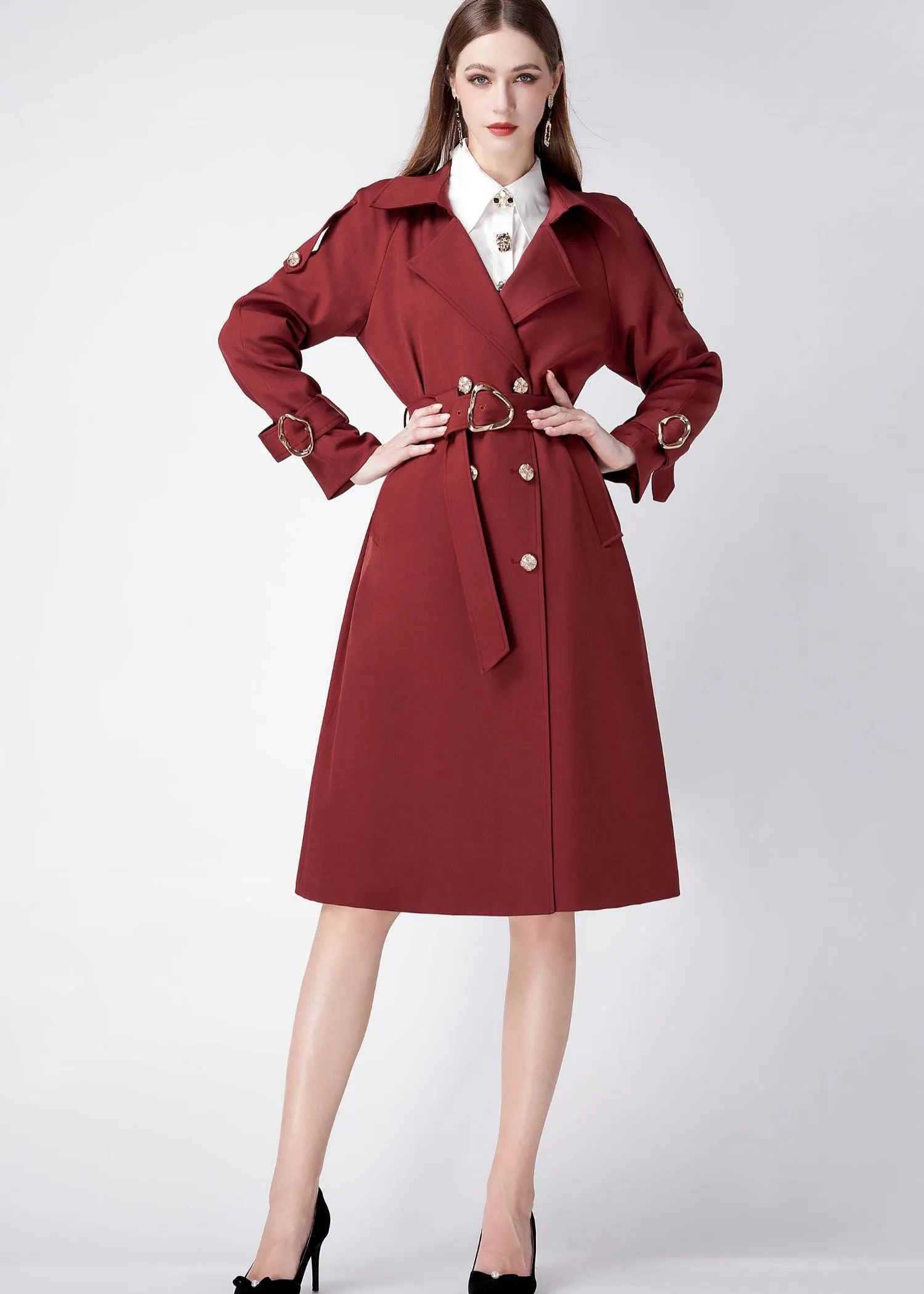 Claret Epaulette Belted Double Breasted Trench Coat