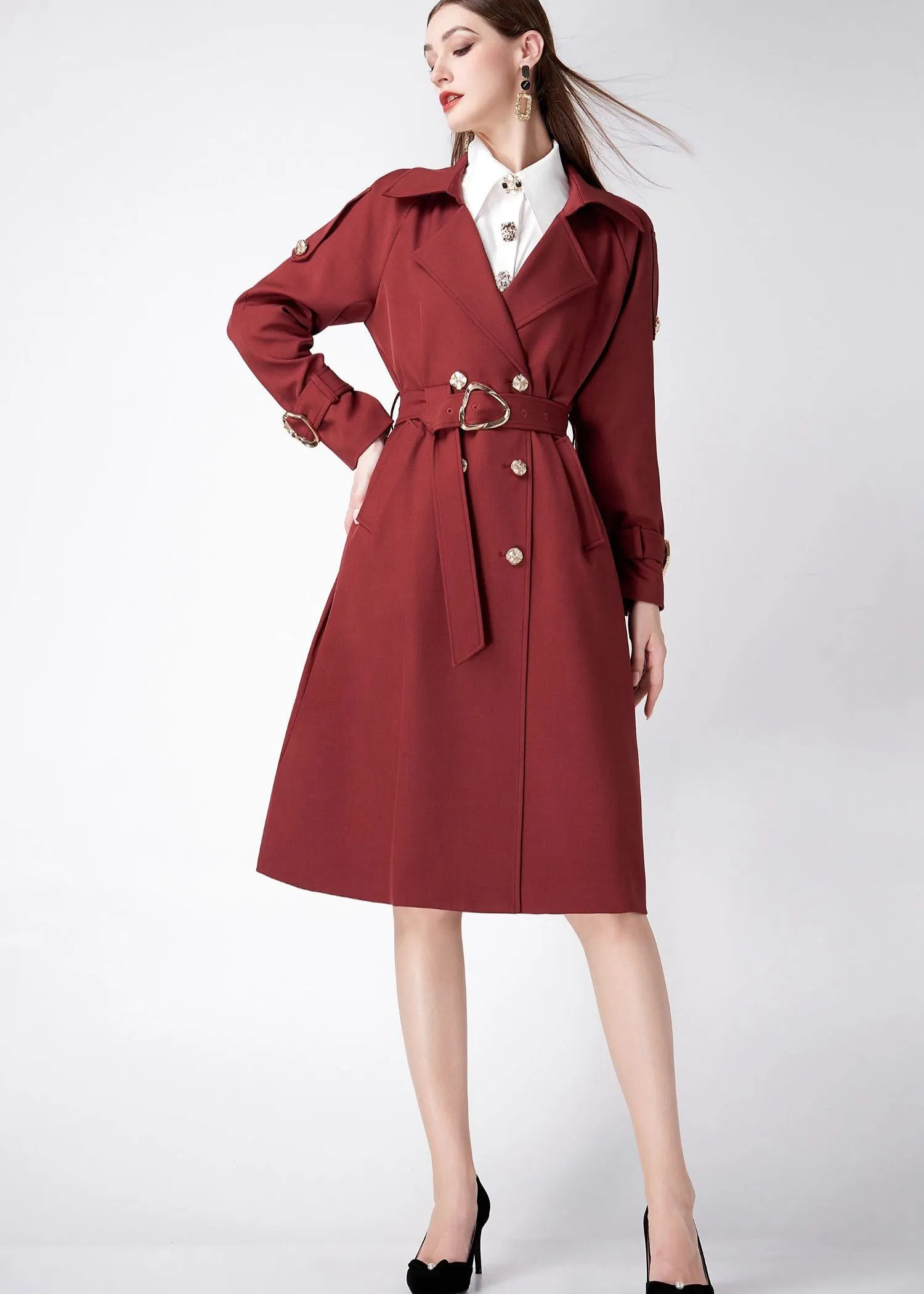 Claret Epaulette Belted Double Breasted Trench Coat