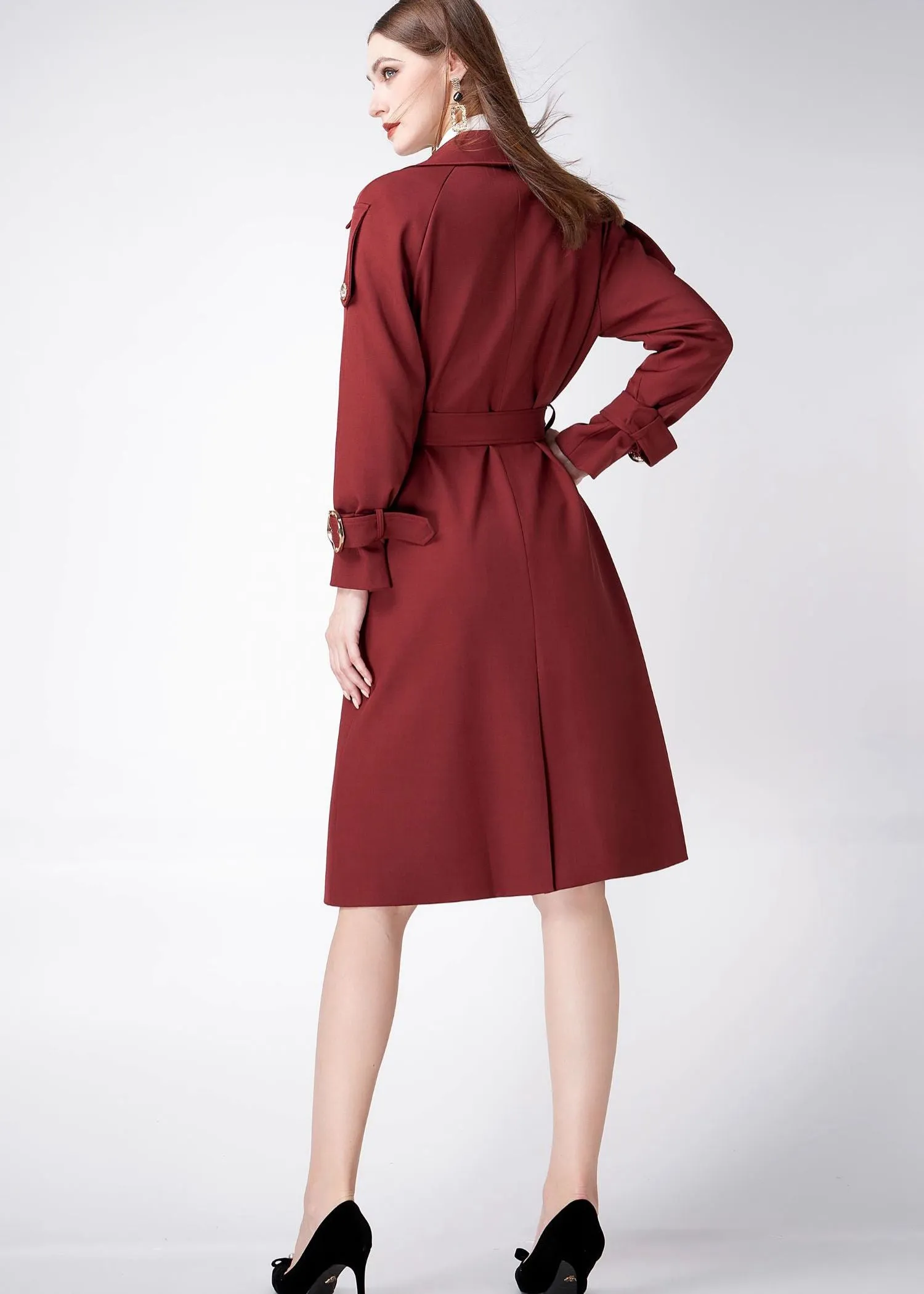 Claret Epaulette Belted Double Breasted Trench Coat