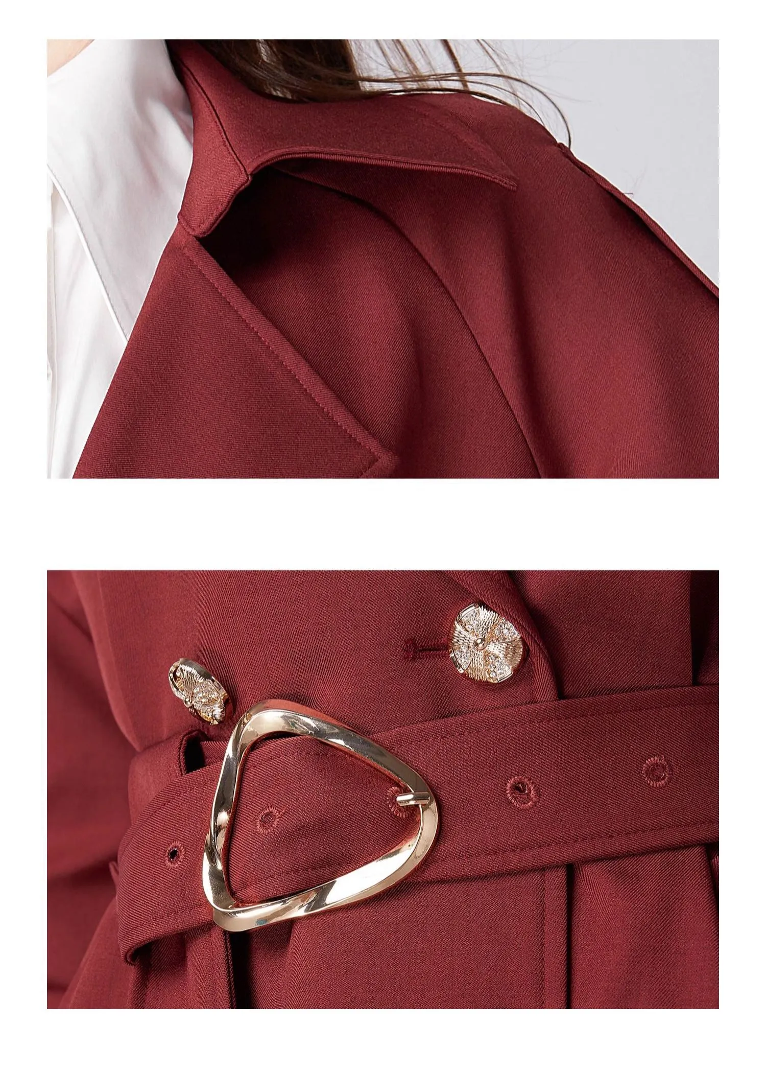 Claret Epaulette Belted Double Breasted Trench Coat