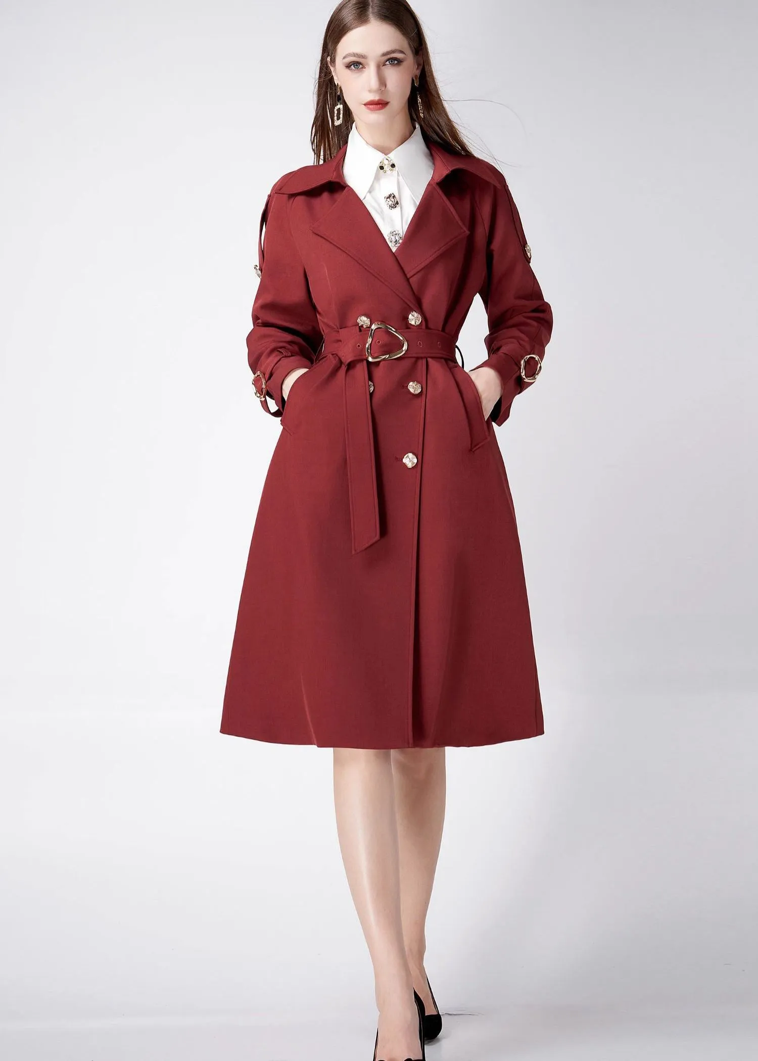 Claret Epaulette Belted Double Breasted Trench Coat