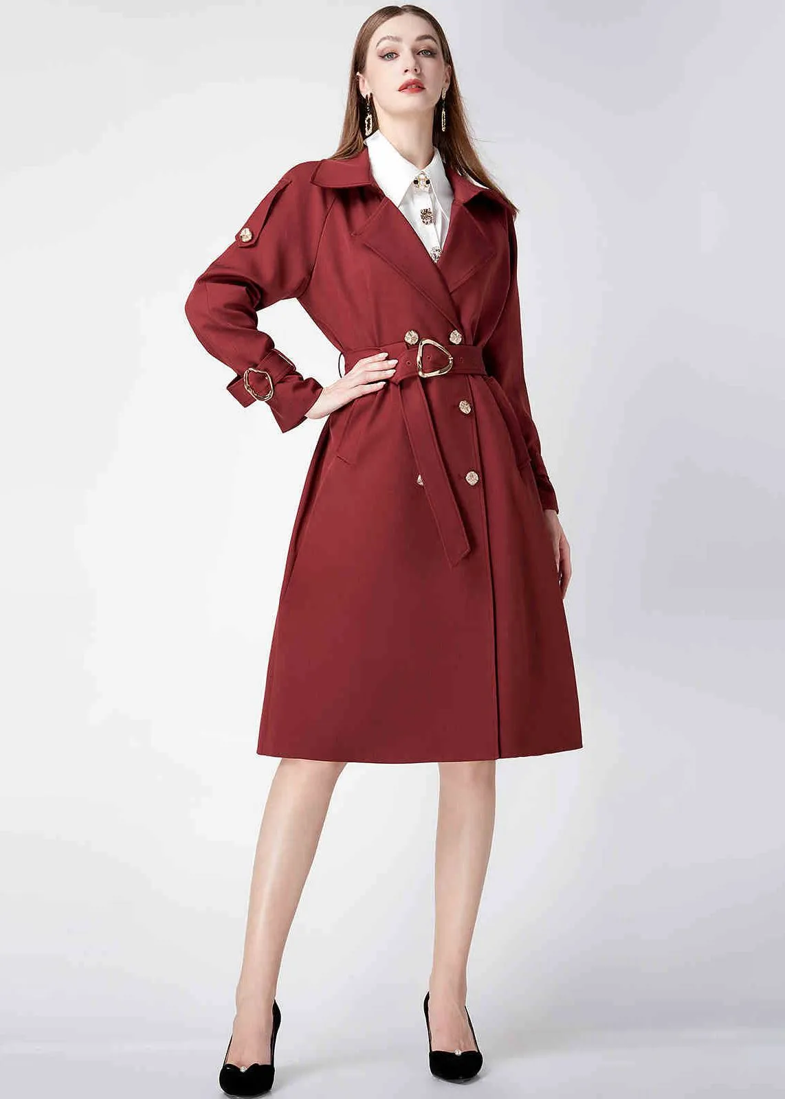 Claret Epaulette Belted Double Breasted Trench Coat