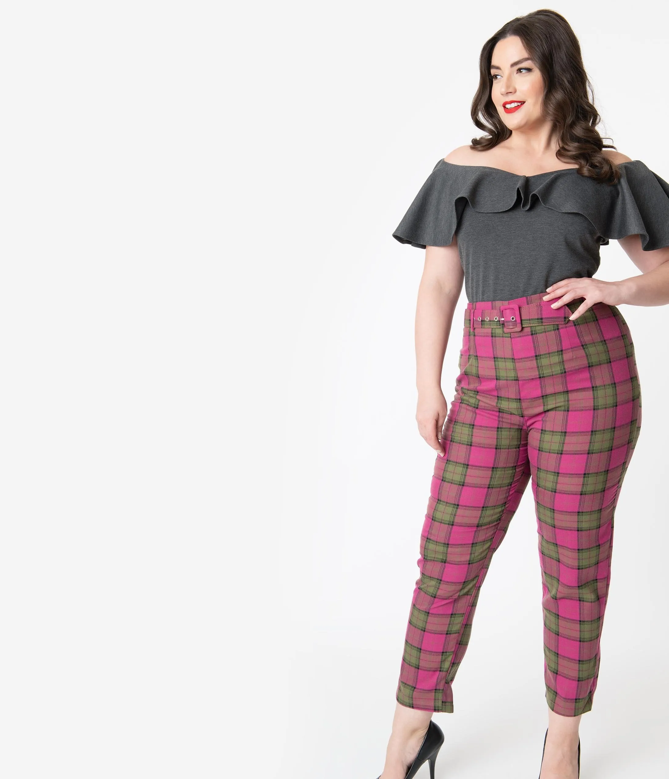 Collectif Plus Size Fuchsia Pink & Olive Sassy Plaid Thea Pants