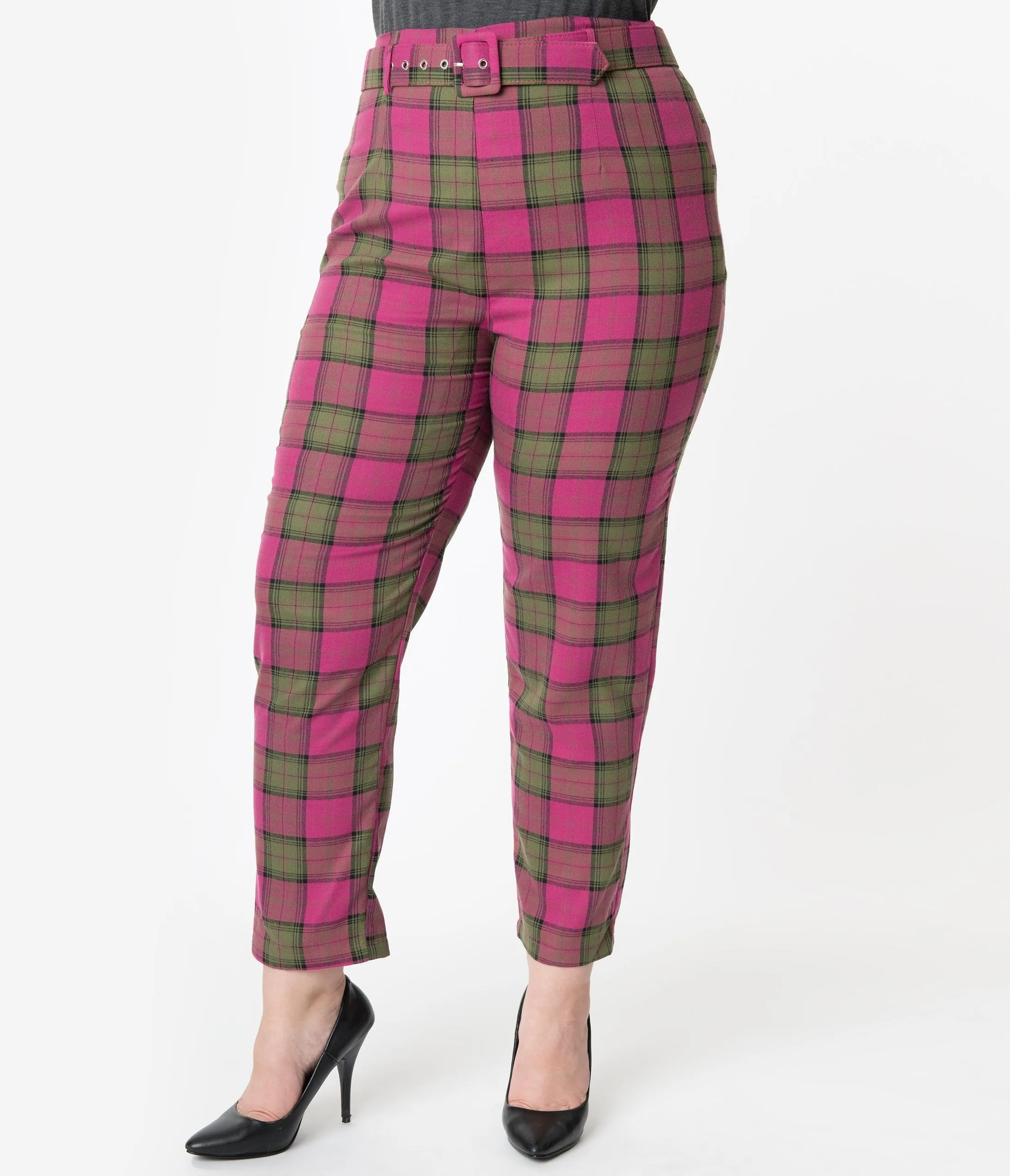 Collectif Plus Size Fuchsia Pink & Olive Sassy Plaid Thea Pants