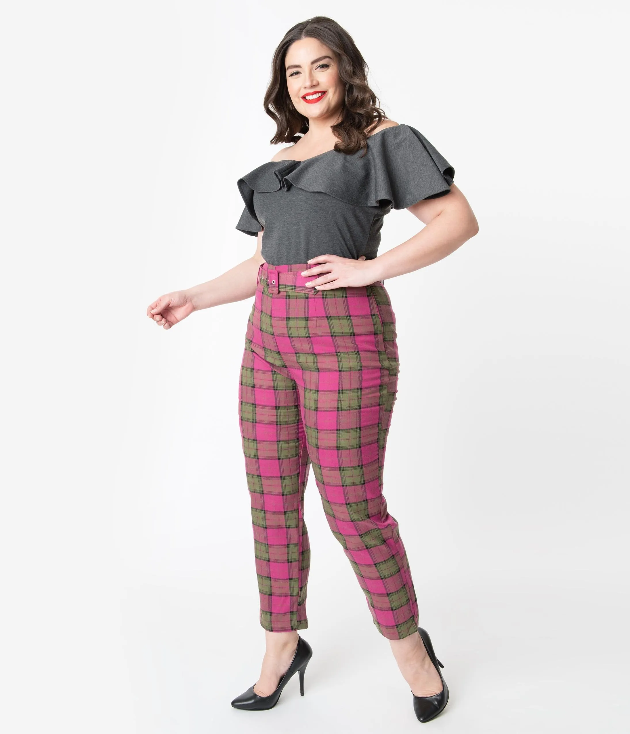 Collectif Plus Size Fuchsia Pink & Olive Sassy Plaid Thea Pants