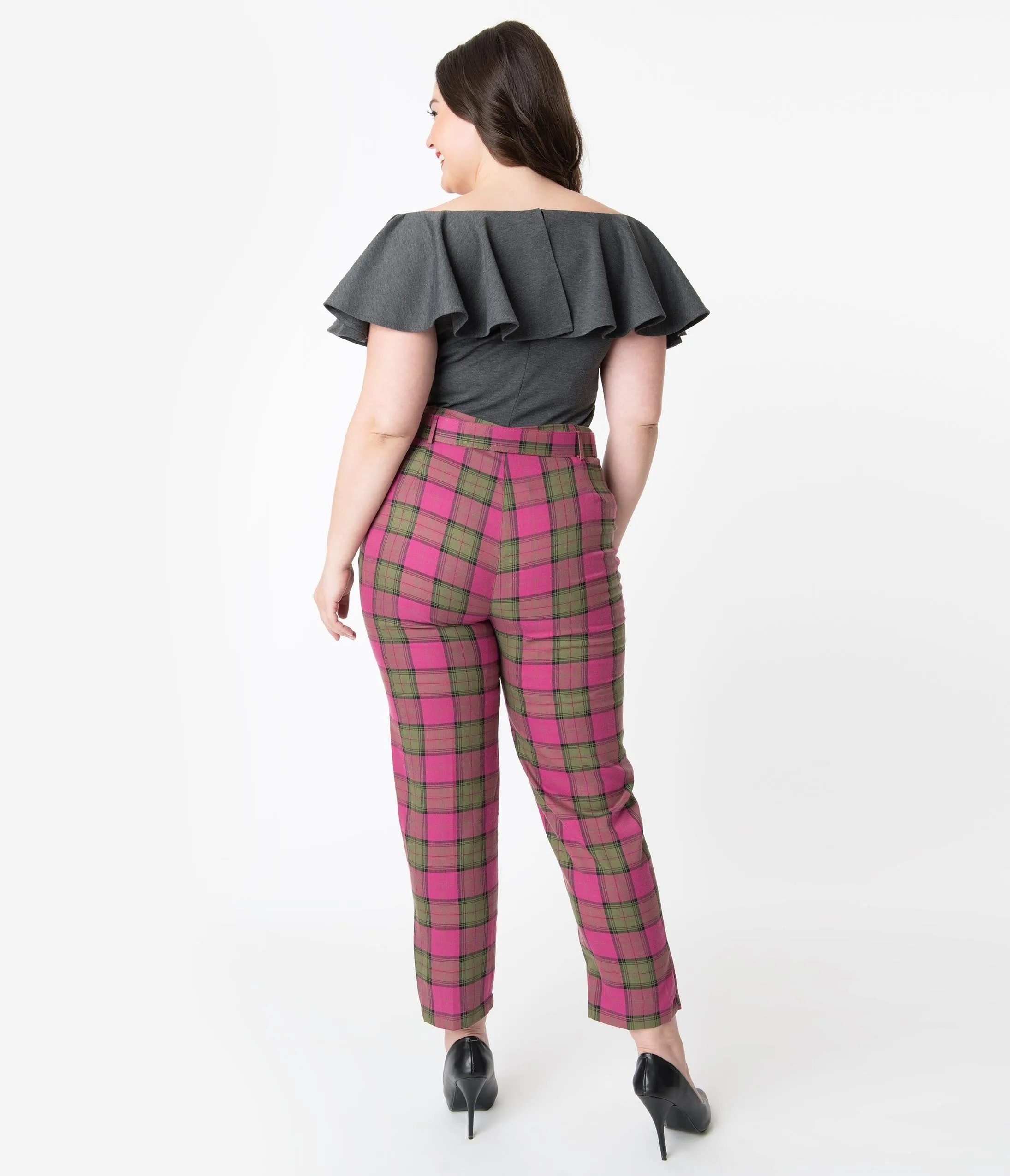 Collectif Plus Size Fuchsia Pink & Olive Sassy Plaid Thea Pants