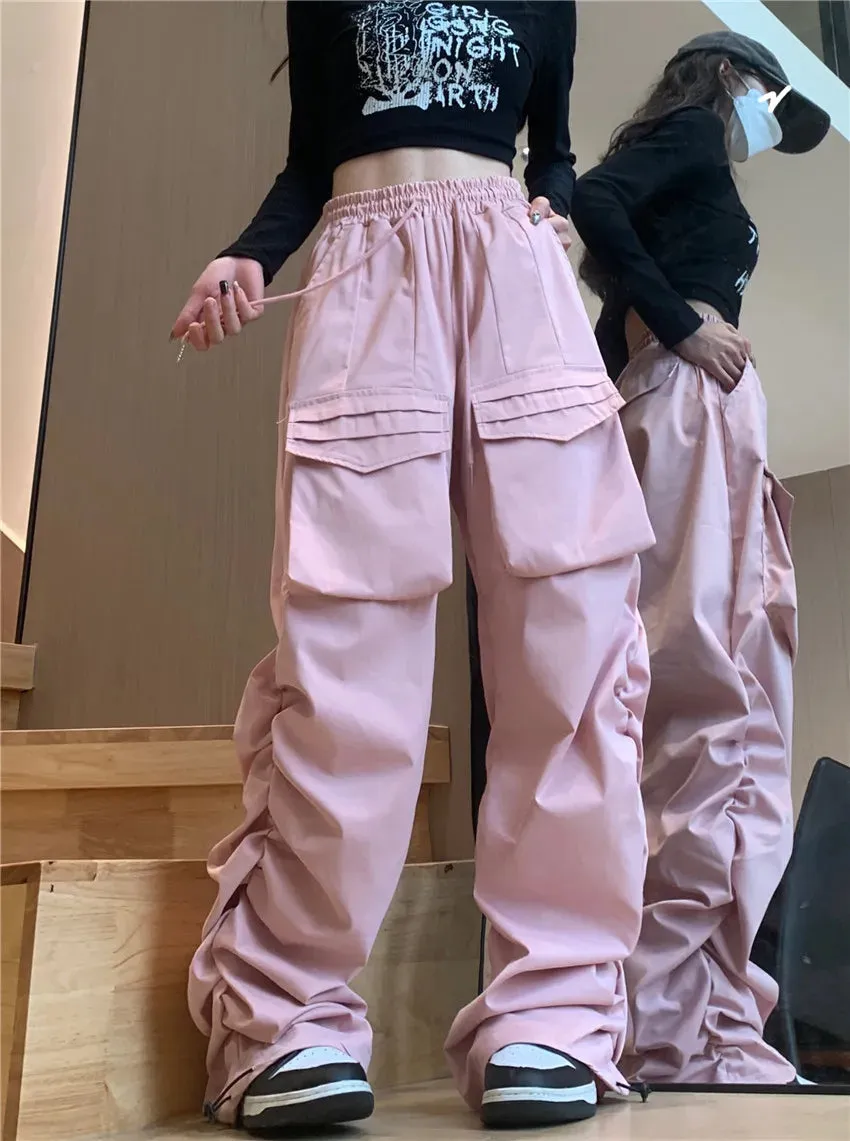 Damen Cargohosen in Rosa Baggy High-Waist im Harajuku-Styl