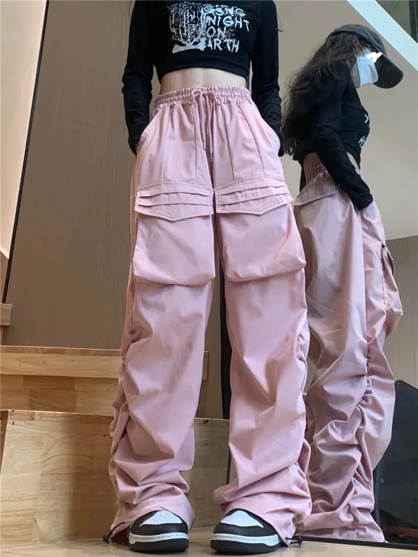 Damen Cargohosen in Rosa Baggy High-Waist im Harajuku-Styl