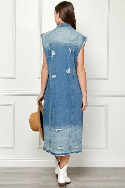 Distressed Sleeveless Longline Denim Vest