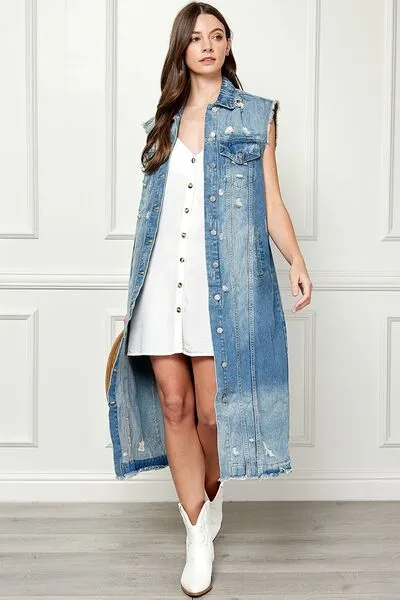Distressed Sleeveless Longline Denim Vest
