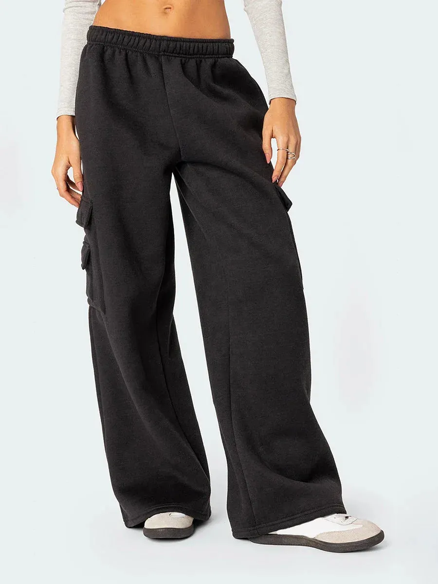 Drawstring High Waist Baggy Straight Wide Leg Sweat Pants Yoga High Waisted Solid Color Loose Causal Pants
