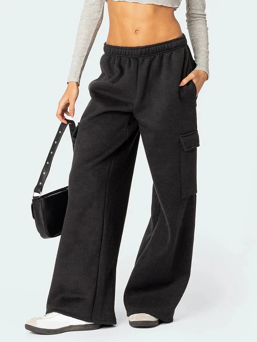 Drawstring High Waist Baggy Straight Wide Leg Sweat Pants Yoga High Waisted Solid Color Loose Causal Pants
