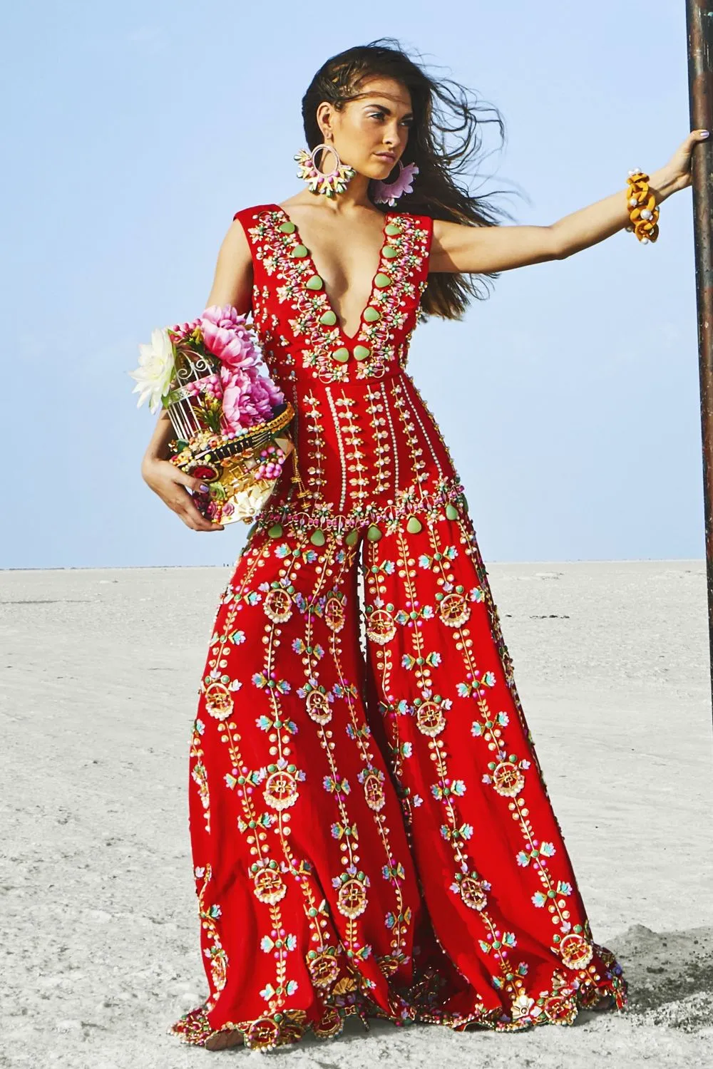 Embroidered Red Jumpsuit