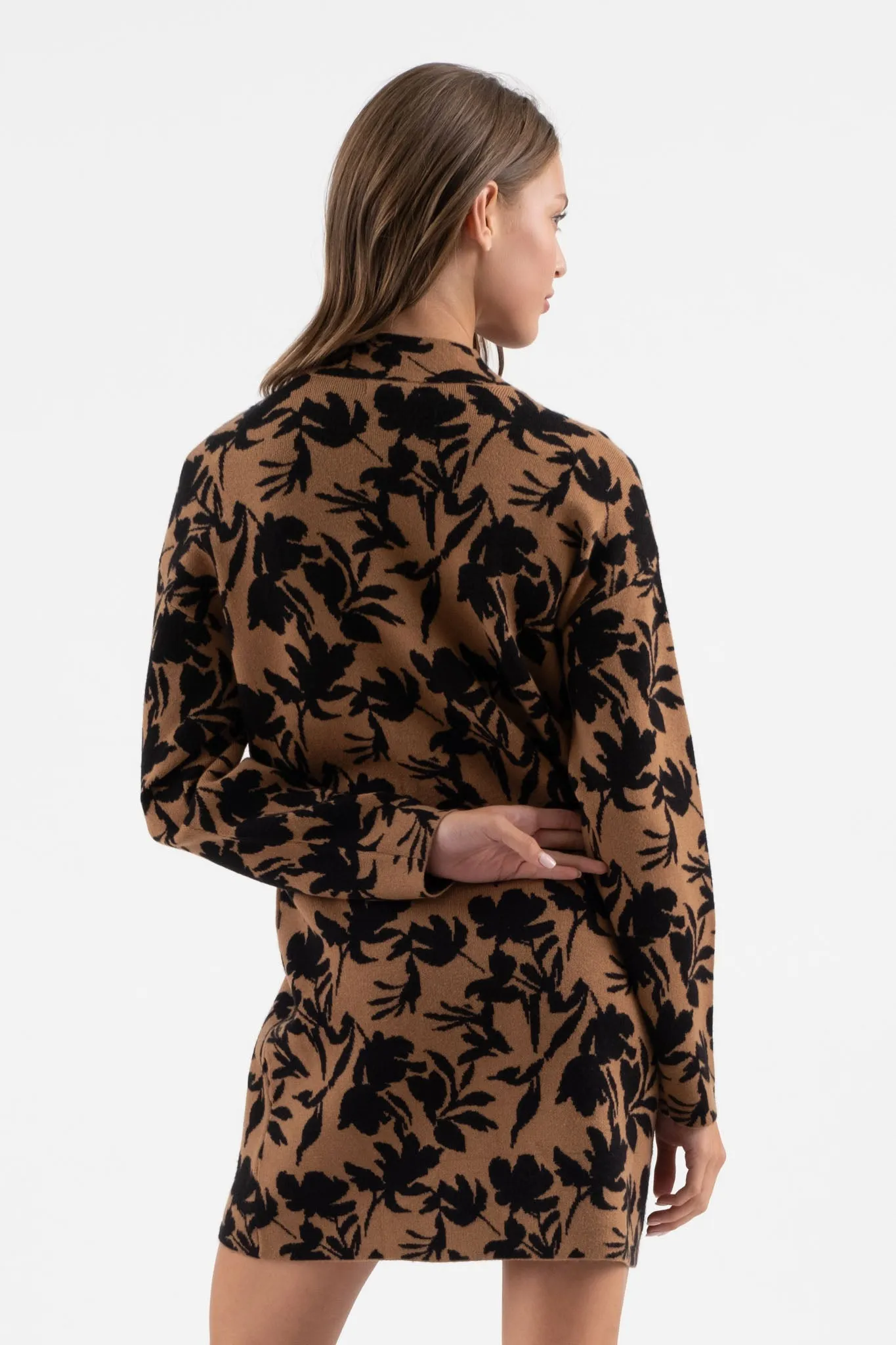 FLORAL MOCK NECK LONG SLEEVE KNIT SWEATER DRESS