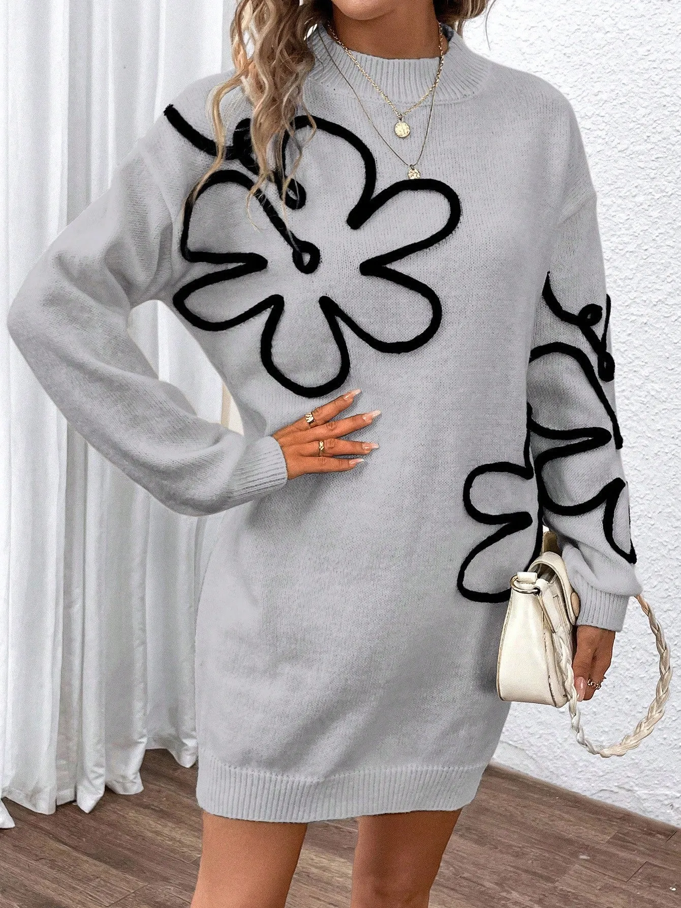 Floral Pattern Drop Shoulder Sweater Dress