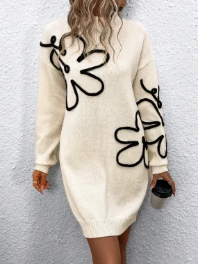 Floral Pattern Drop Shoulder Sweater Dress