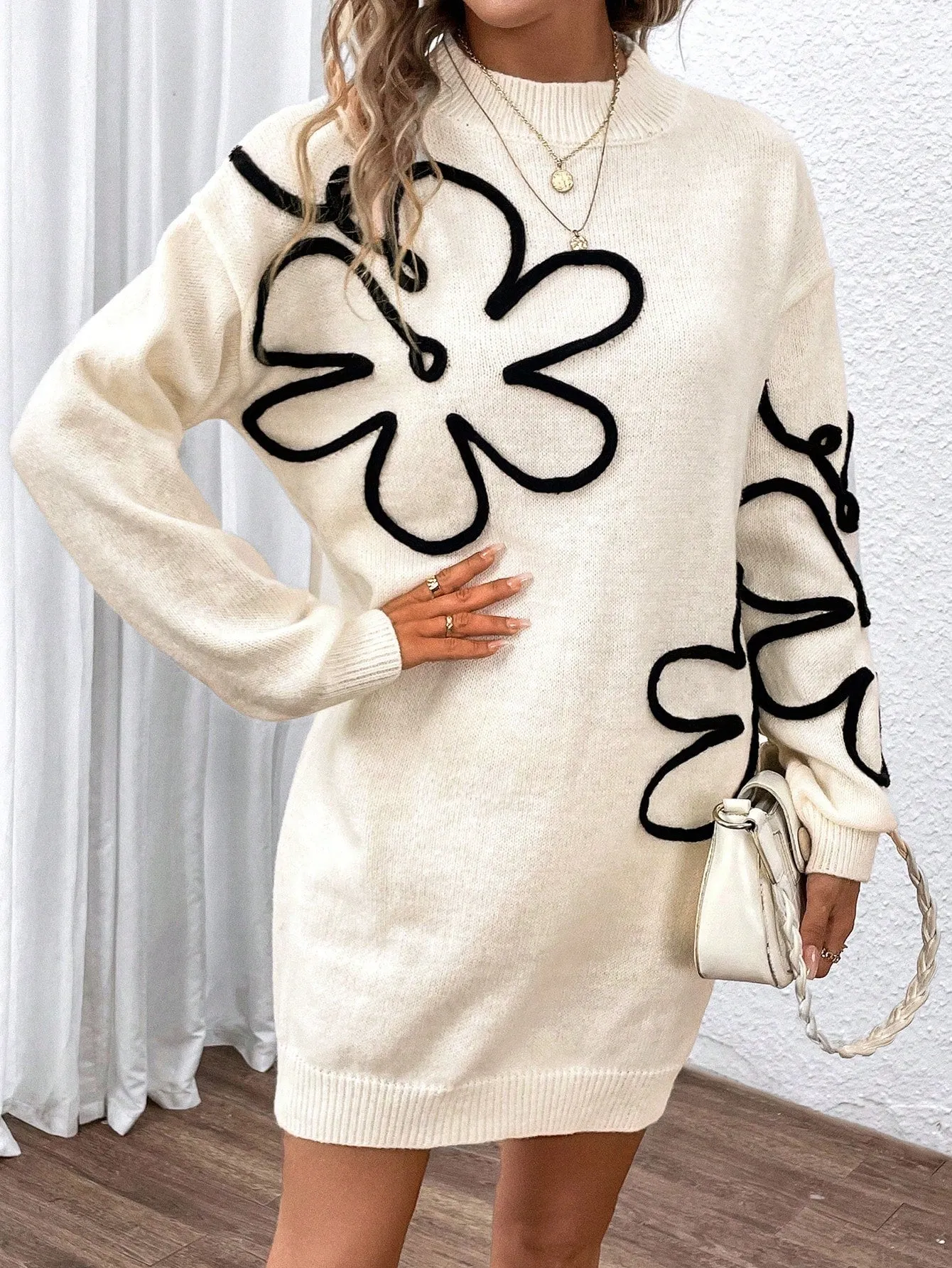 Floral Pattern Drop Shoulder Sweater Dress