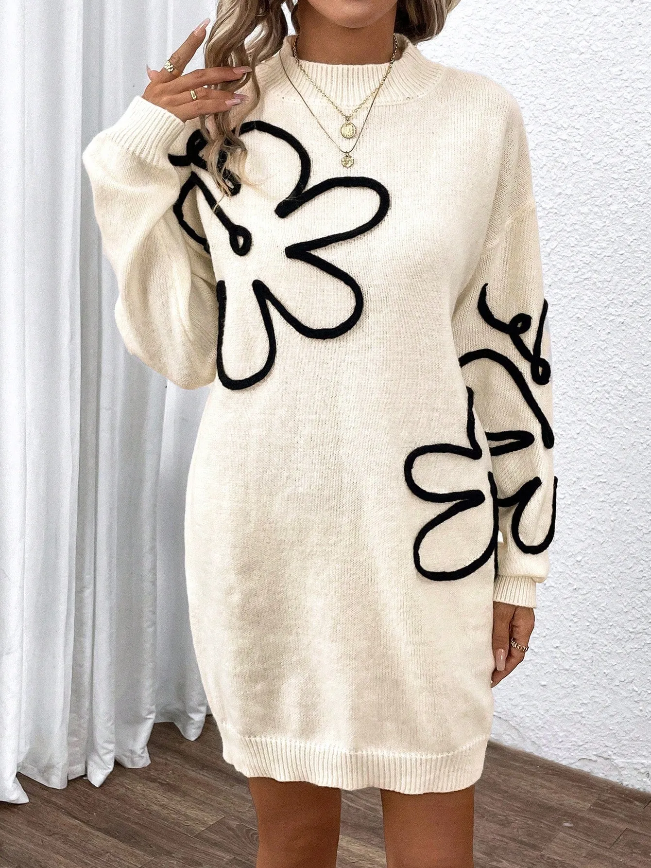 Floral Pattern Drop Shoulder Sweater Dress