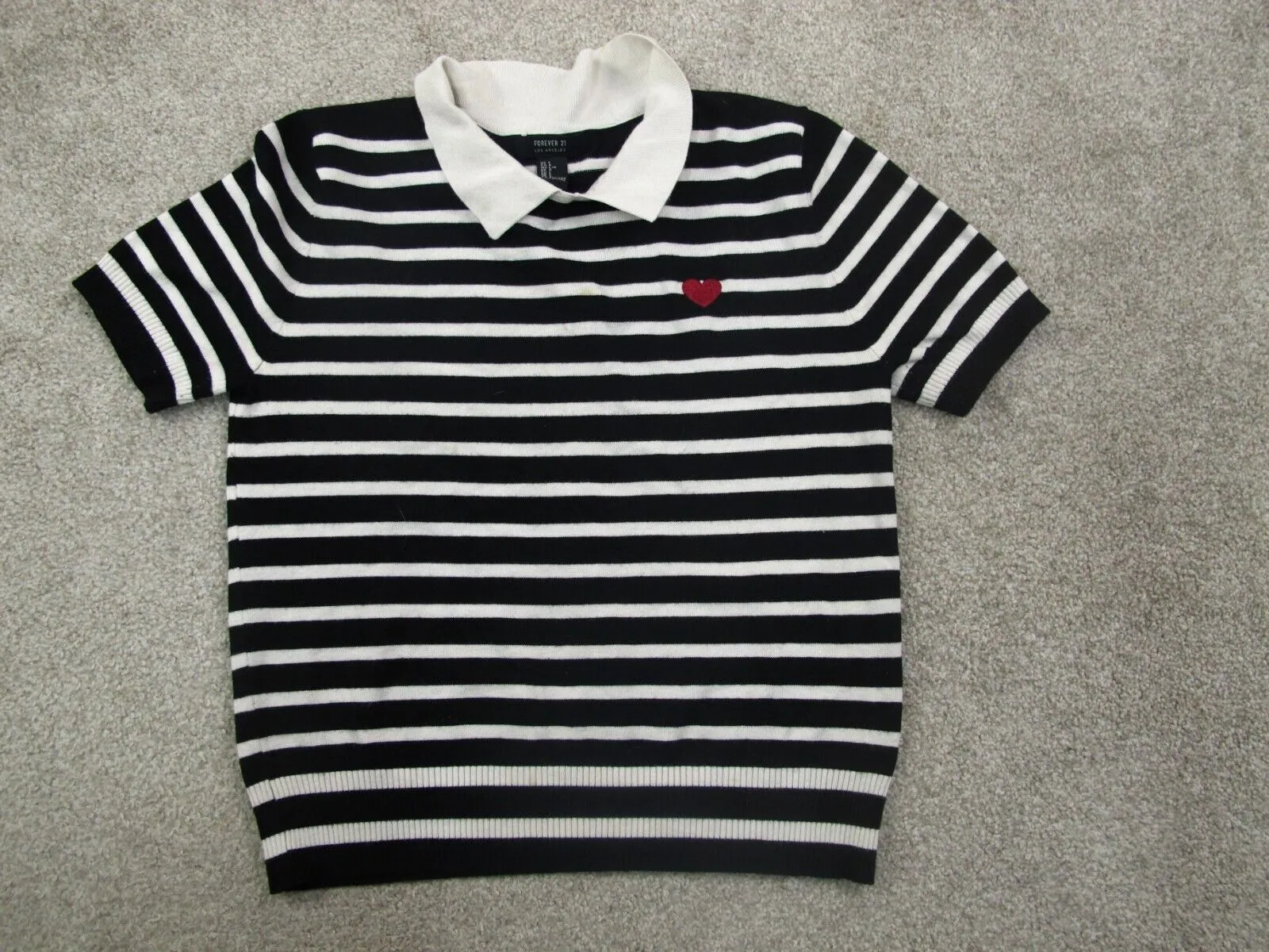 Forever 21 Womens Knitted Polo Sweater Cap Sleeves Striped Black White Size L