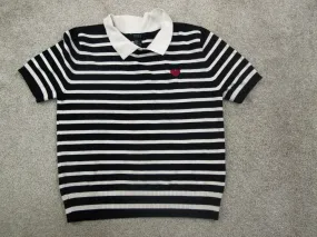 Forever 21 Womens Knitted Polo Sweater Cap Sleeves Striped Black White Size L