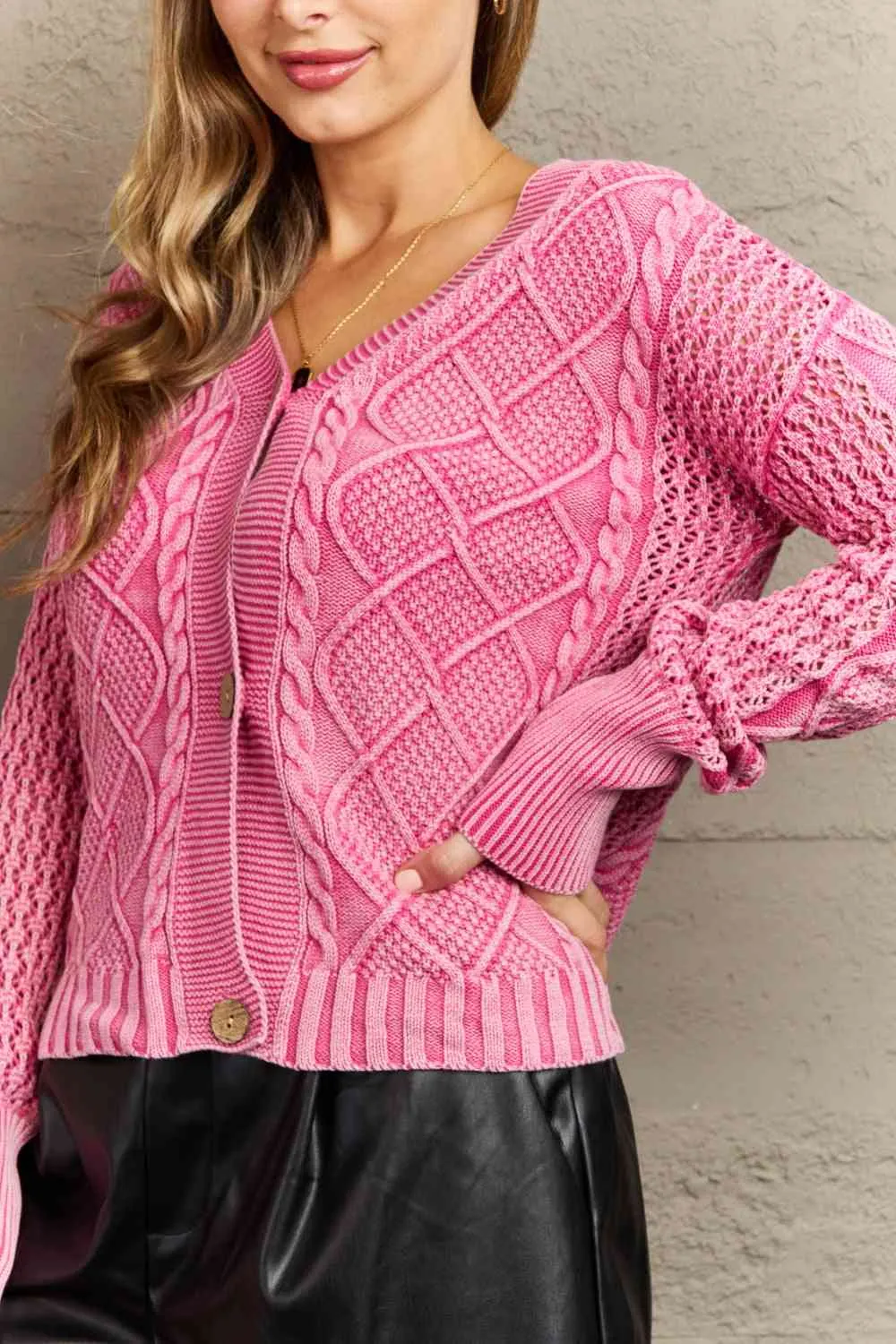 Full Size Wash Cable Knit Cardigan in Fuchsia
