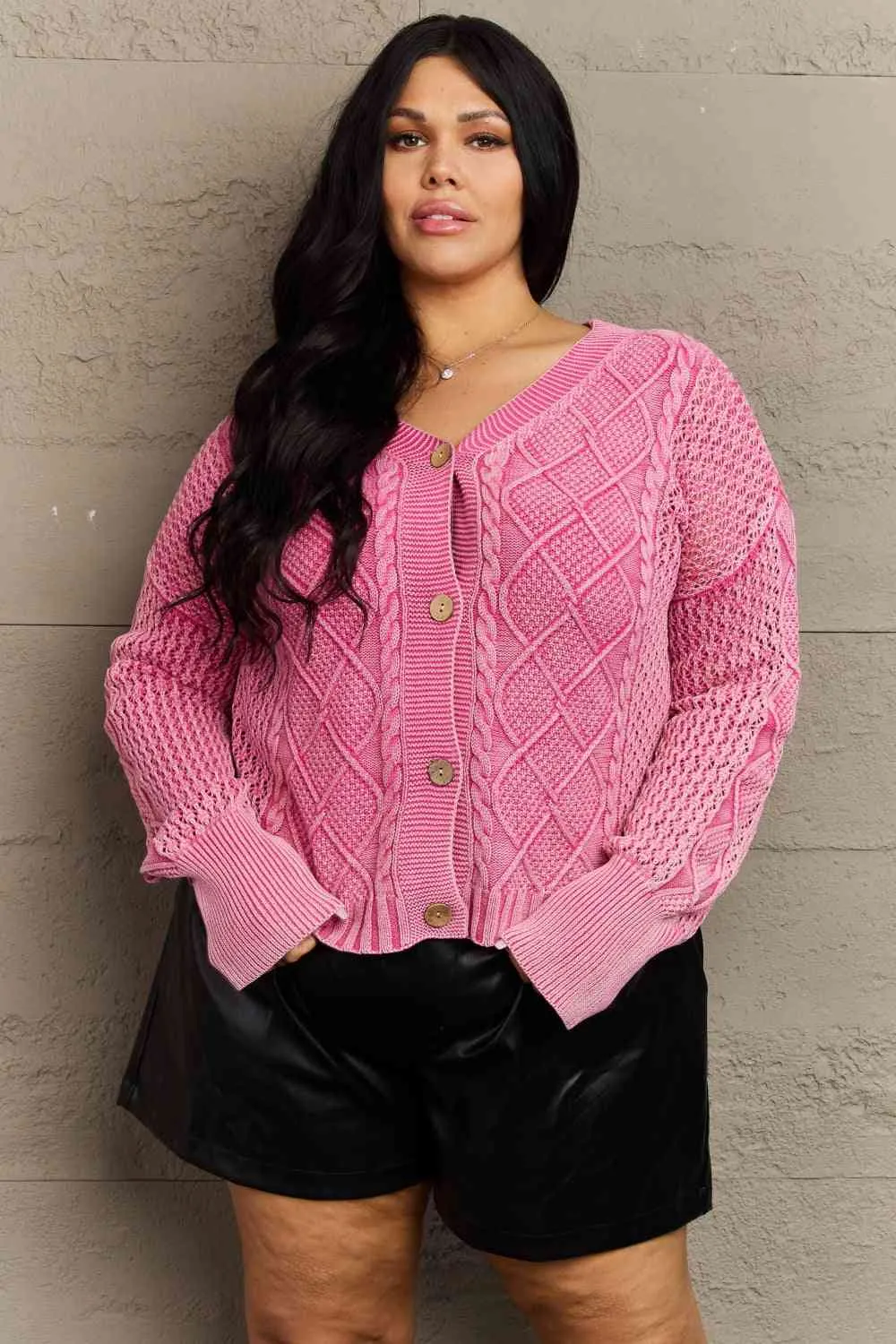 Full Size Wash Cable Knit Cardigan in Fuchsia