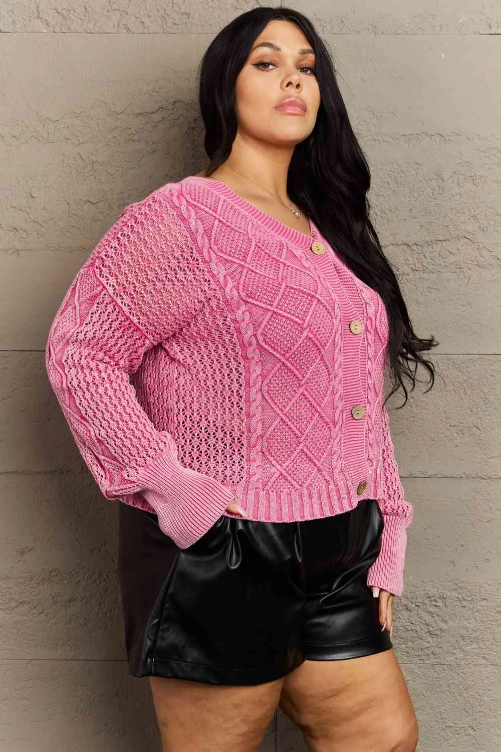 Full Size Wash Cable Knit Cardigan in Fuchsia