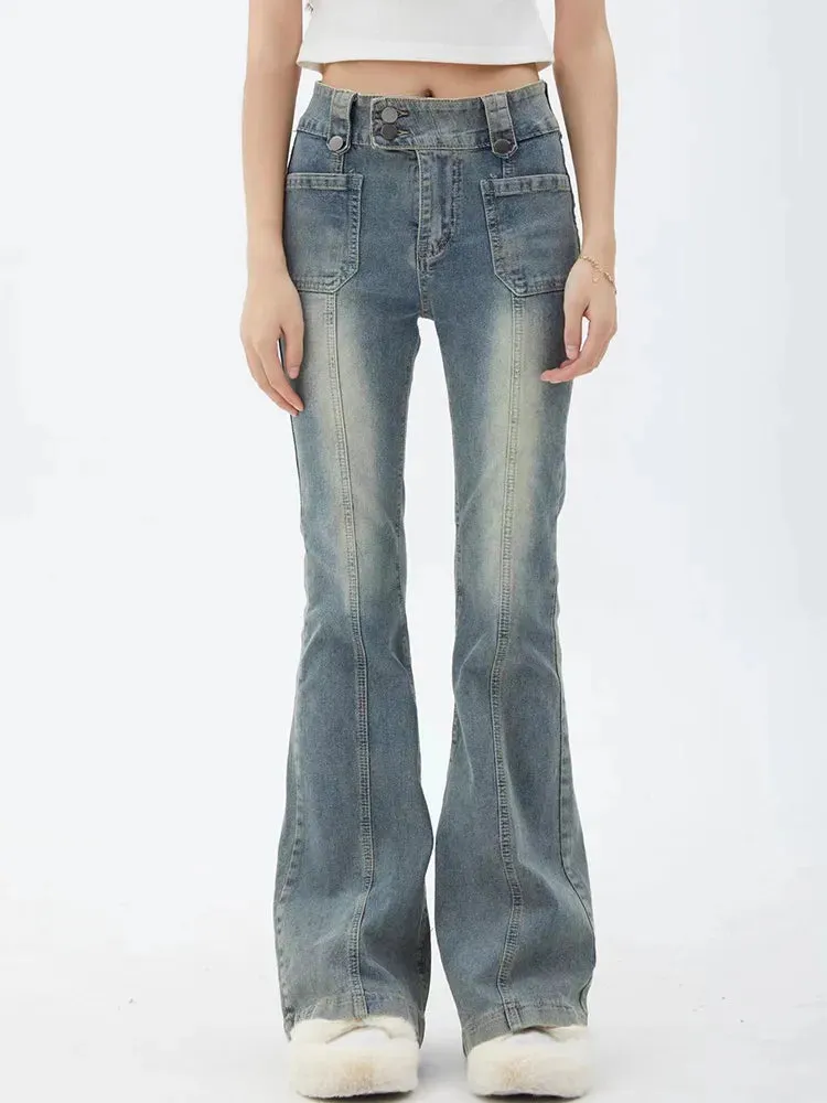 Getadme Blue Women Jeans Gyaru Flare Pants High Waist Vintage Denim Bell Bottom Female Harajuku Streetwear Chic 2000s Tide Trousers Y2k