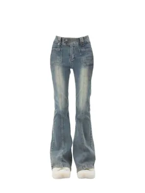 Getadme Blue Women Jeans Gyaru Flare Pants High Waist Vintage Denim Bell Bottom Female Harajuku Streetwear Chic 2000s Tide Trousers Y2k