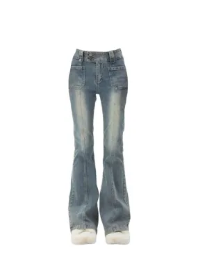 Getadme Blue Women Jeans Gyaru Flare Pants High Waist Vintage Denim Bell Bottom Female Harajuku Streetwear Chic 2000s Tide Trousers Y2k