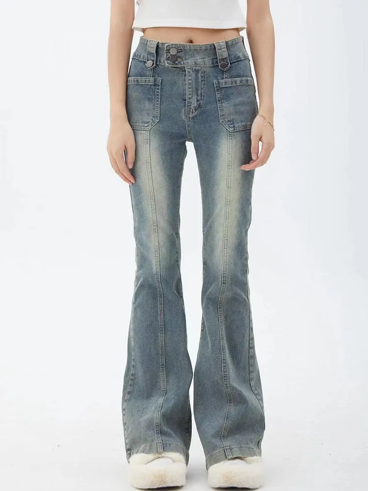 Getadme Blue Women Jeans Gyaru Flare Pants High Waist Vintage Denim Bell Bottom Female Harajuku Streetwear Chic 2000s Tide Trousers Y2k